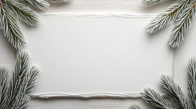 A white square frame with pine branches on a wooden surface photo