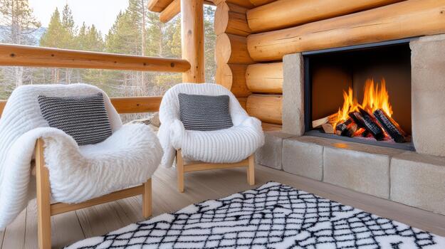 Two chairs sit next to a fireplace in a log cabin photo