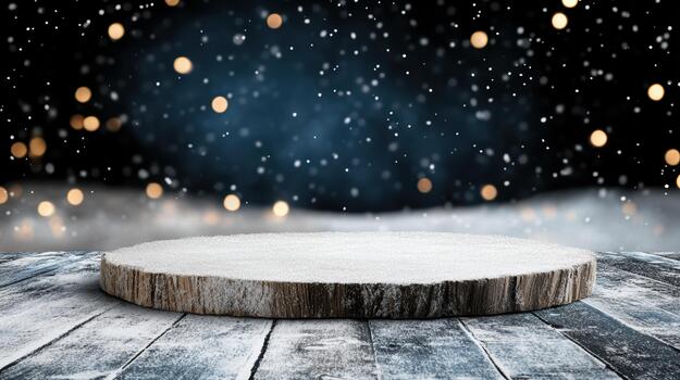 Christmas tree on wooden table with snow falling photo