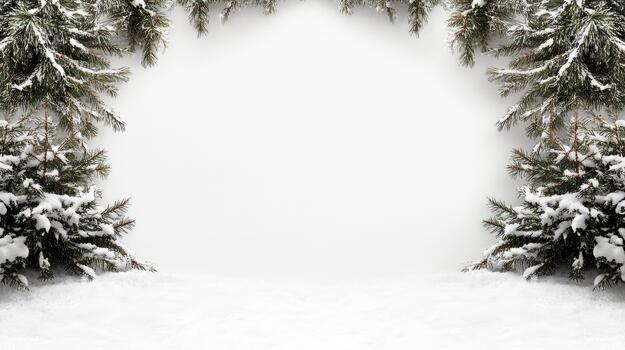 A white frame with snow on it and trees photo
