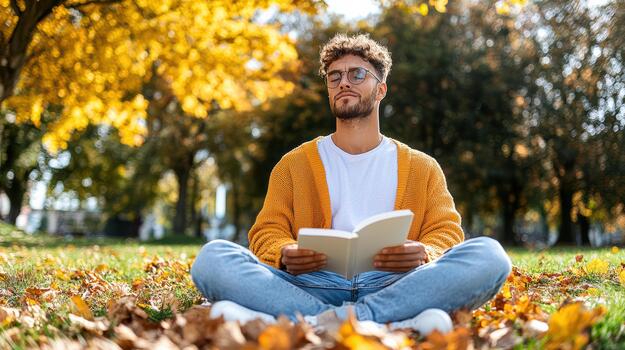 A man in a yellow sweater is reading a book in the autumn photo