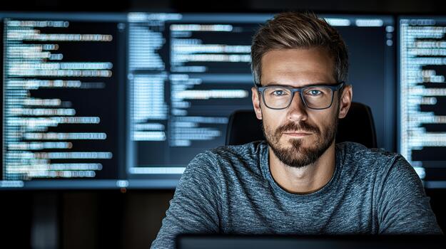 A man in glasses sitting at a computer photo