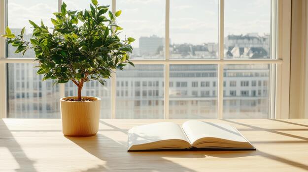 A book and a potted plant on a wooden table in front of a window photo