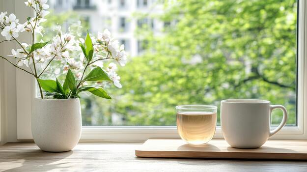 A cup of tea and a vase of flowers sit on a table near a window photo