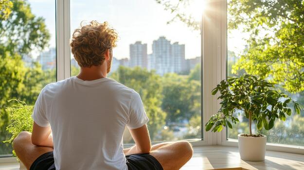 A man sitting in front of a window looking out at the city photo