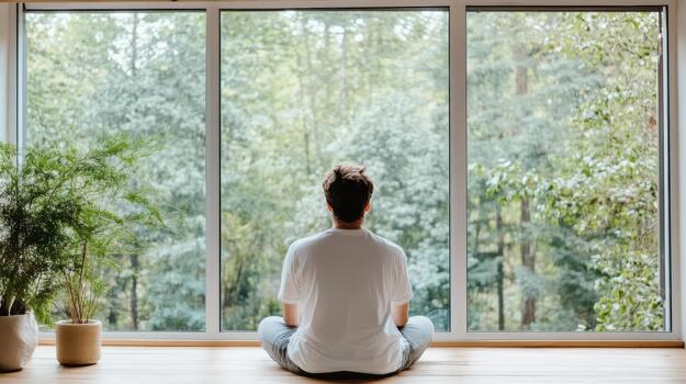 A man sitting in front of a window looking out at the trees photo
