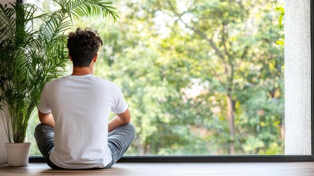 A man sitting on the floor looking out the window photo