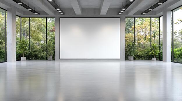 Empty room with large windows and a blank screen photo