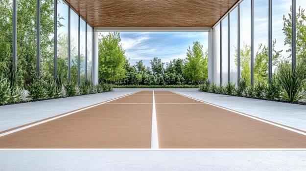 A tennis court in a large building with trees photo