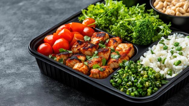 A black plastic container with chicken, broccoli, and rice photo