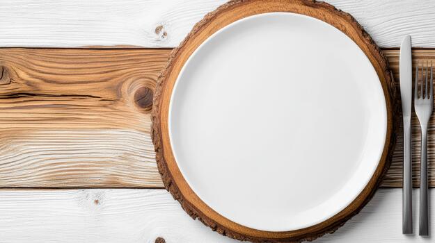 Empty plate on wooden table with fork and knife photo