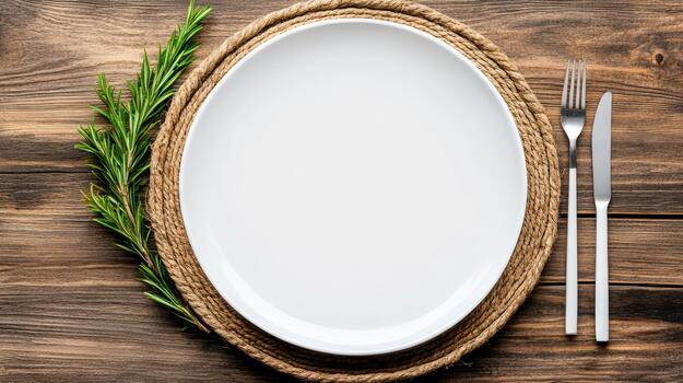 Empty white plate with fork and knife on wooden table photo