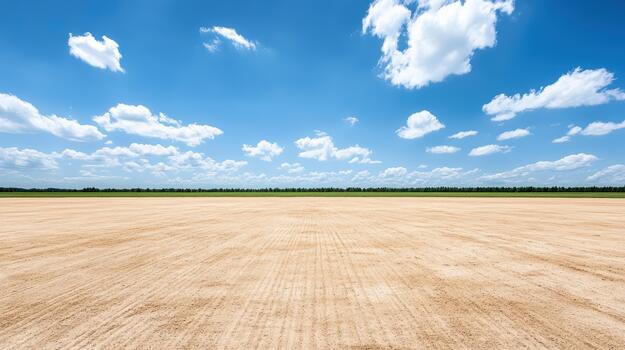 A dirt field with a blue sky and clouds photo