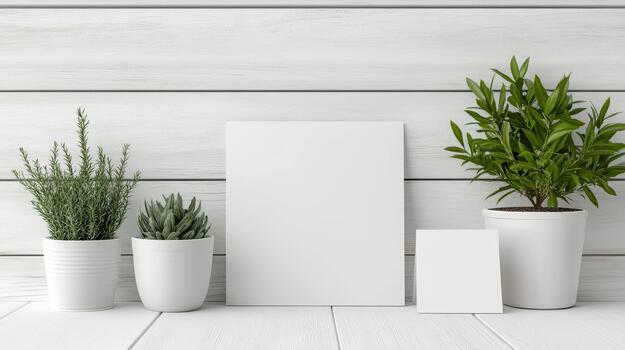 White blank card mockup with potted plants on wooden background 3d rendering photo