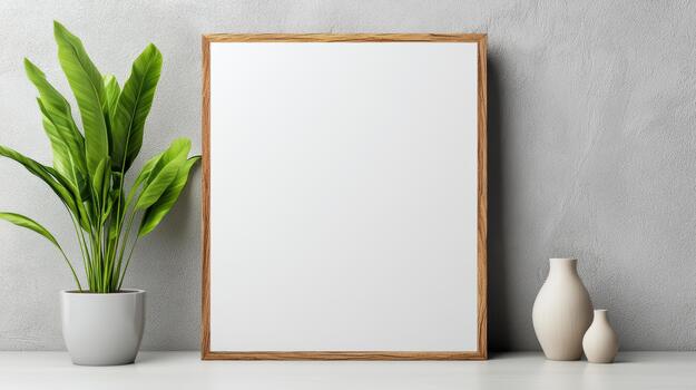 A blank frame with a plant next to it photo