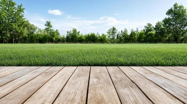 Wooden floor with grass and trees in the background photo