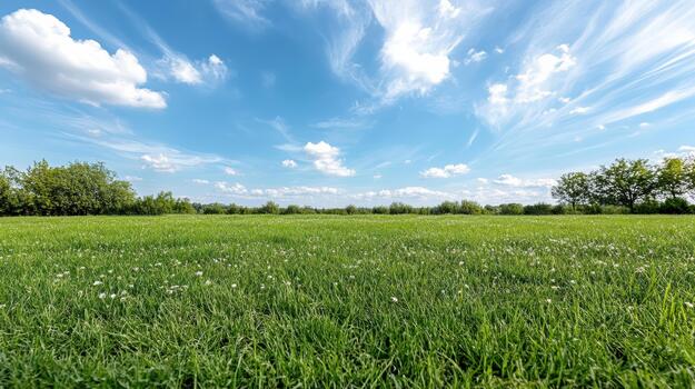 A field with grass and trees under a blue sky photo