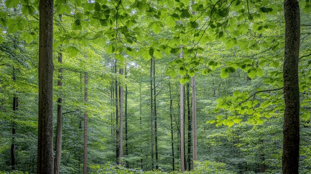 A forest with trees and green leaves photo