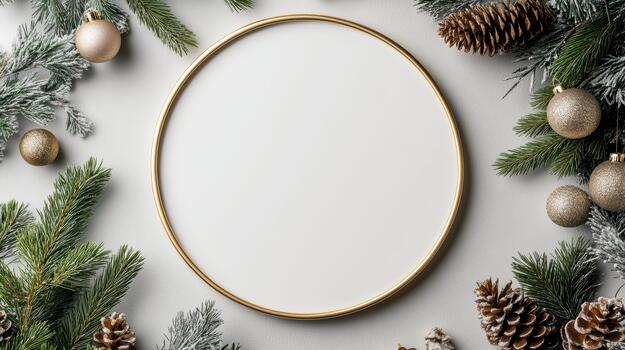 Golden oval frame with fir branches and christmas decorations on a gray background photo