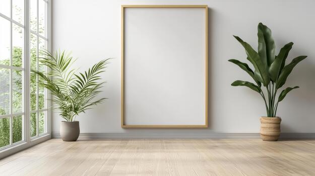 Empty room with a blank frame and potted plants photo