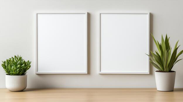 Two blank frames on a wall with potted plants photo