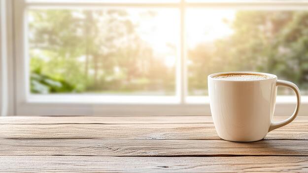 Coffee mug on wooden table with window in background photo