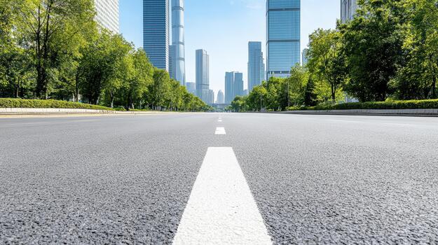 An empty road with tall buildings in the background photo
