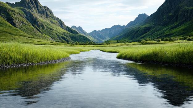 A river flowing through a valley photo