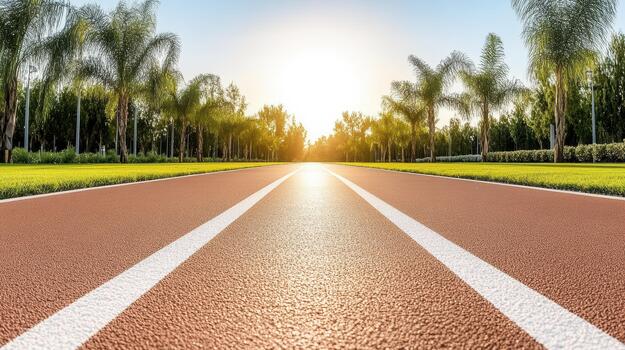 Running track with palm trees and sun in the background photo