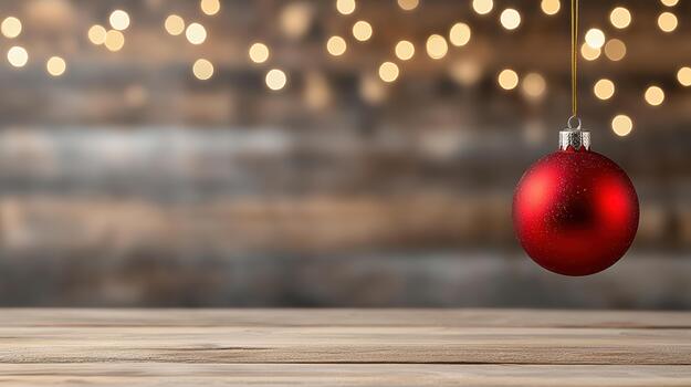 Christmas bauble hanging from a string on wooden table with blurred lights photo