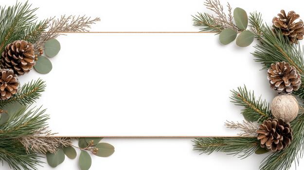 Christmas frame with pine cones and eucalyptus branches on white background photo