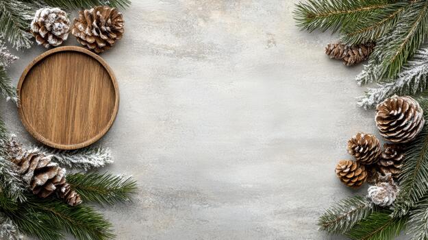 Christmas frame with fir branches and pine cones on concrete background photo