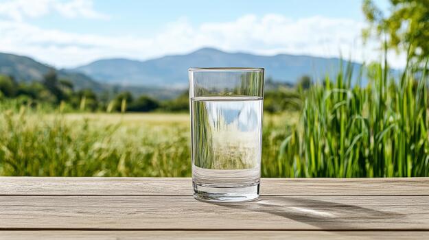 A glass of water on a wooden table in front of a field photo