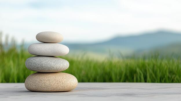 A stack of stones on a table in front of a mountain photo