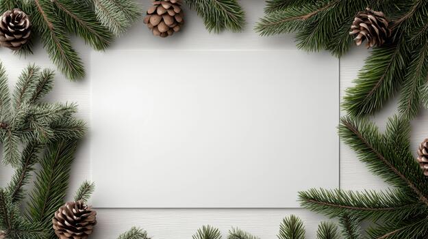 A white square frame surrounded by fir branches and pine cones photo