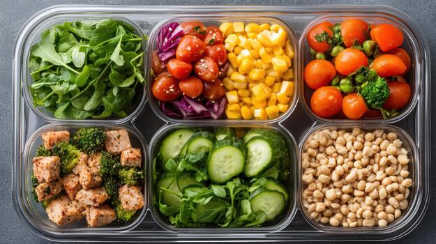A plastic container filled with different types of food photo