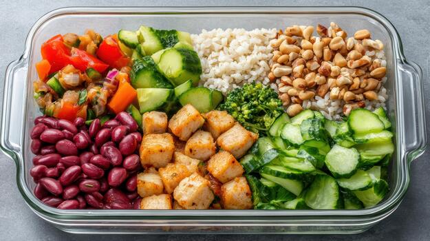 A meal in a glass container with rice, beans, and vegetables photo
