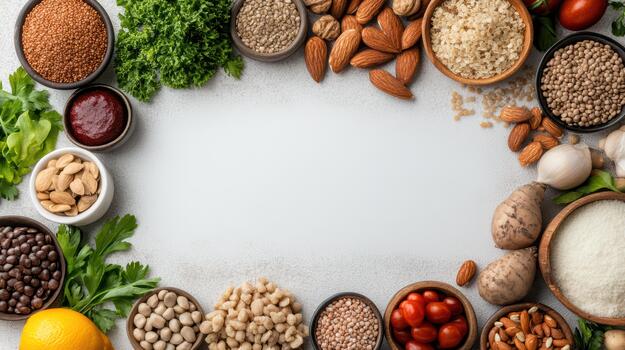Various types of nuts, seeds, beans, and other foods arranged in a circle photo