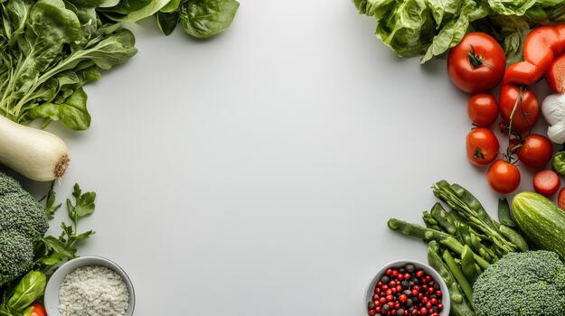 Fresh vegetables and fruits arranged in a circle on a white background photo
