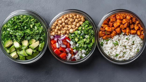 Three bowls with different types of food in them photo