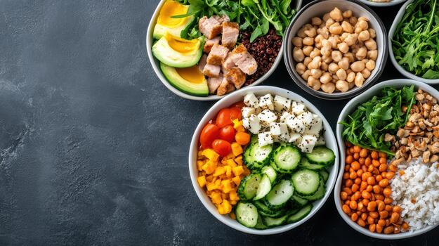 A variety of different types of salad in bowls photo