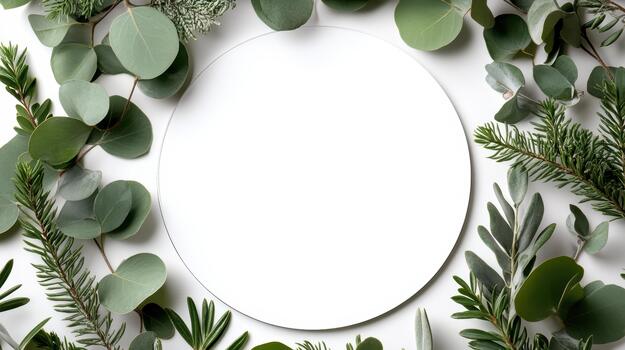 A circular frame surrounded by eucalyptus leaves photo