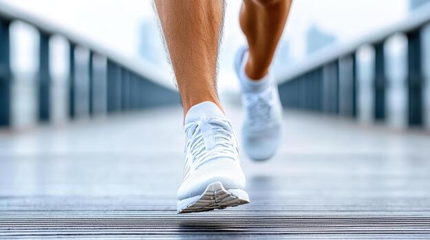 un persona corriendo en un puente con su piernas foto