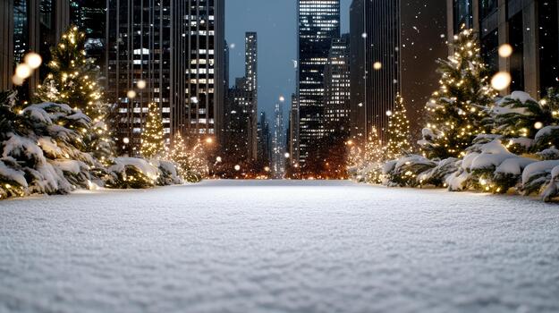 A snowy street with trees and buildings in the background photo