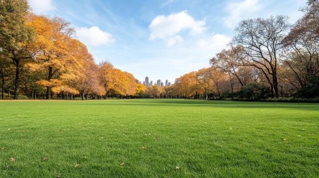 A green grassy field with trees and buildings in the background photo