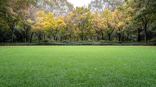 Green grass in a park with trees and leaves photo