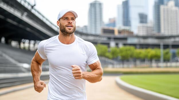 A man running on a track in front of a city photo