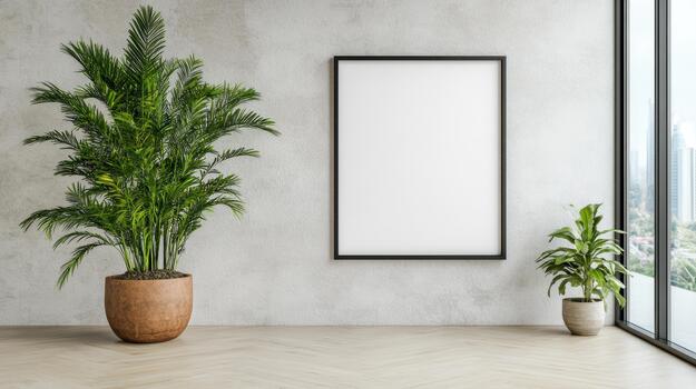 A blank frame in a room with a plant and a window photo
