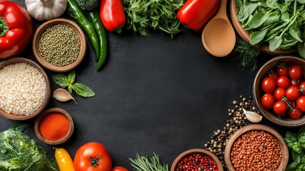 Various vegetables and herbs are arranged in a circle photo