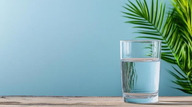A glass of water with a palm tree in the background photo